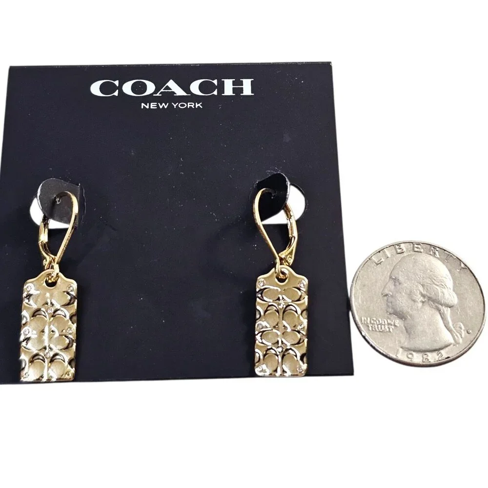 Coach New York Gold Logo Quilted Drop Earrings NWT - Picture 5 of 7